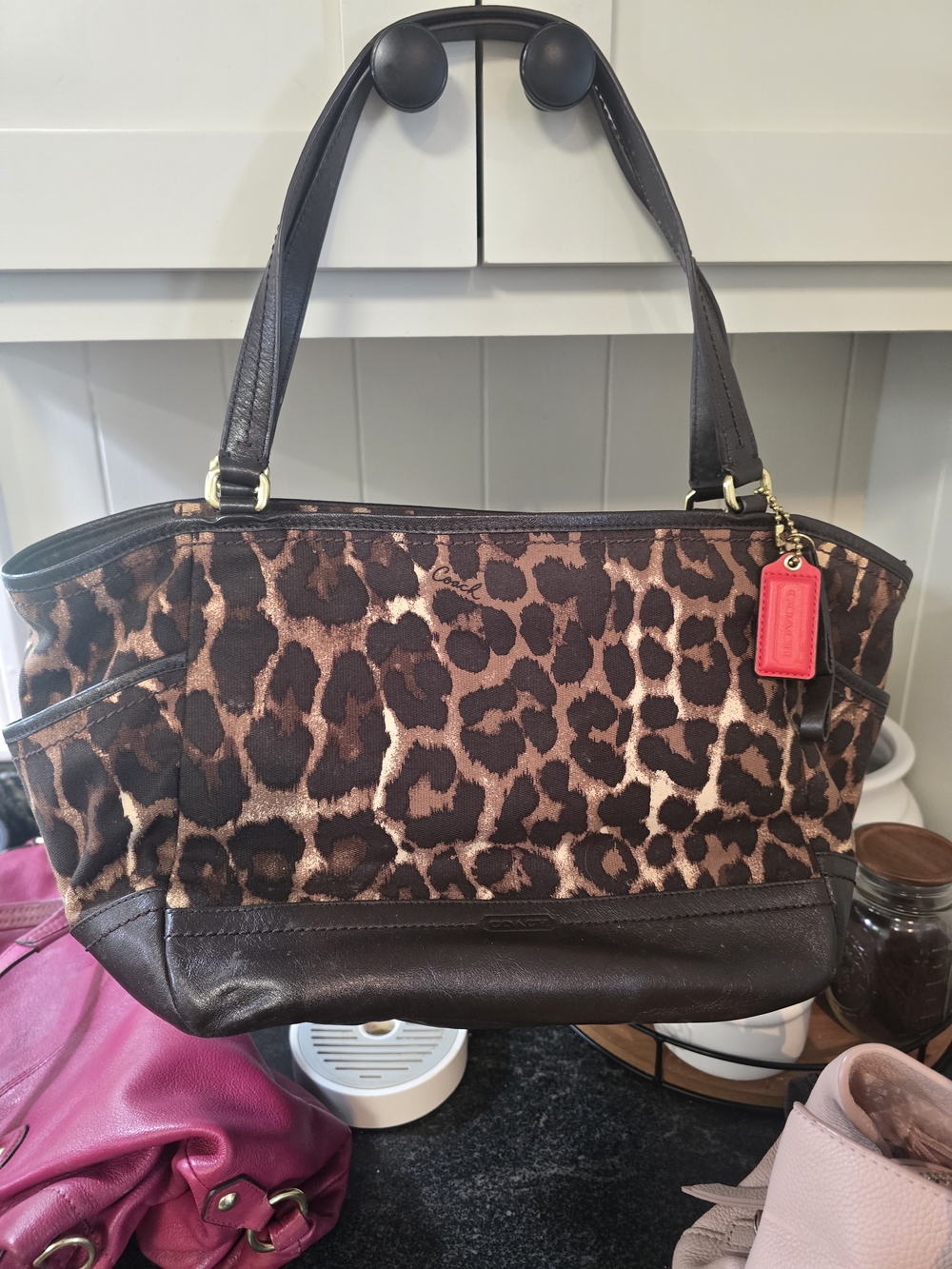 Coach Leopard-Print Canvas Tote with Dark Brown Leather Trim